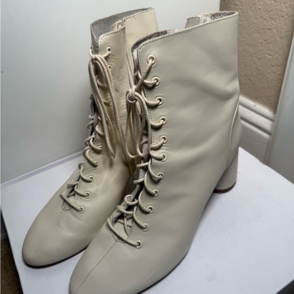 Elegant Cream Lace-Up Ankle Boots